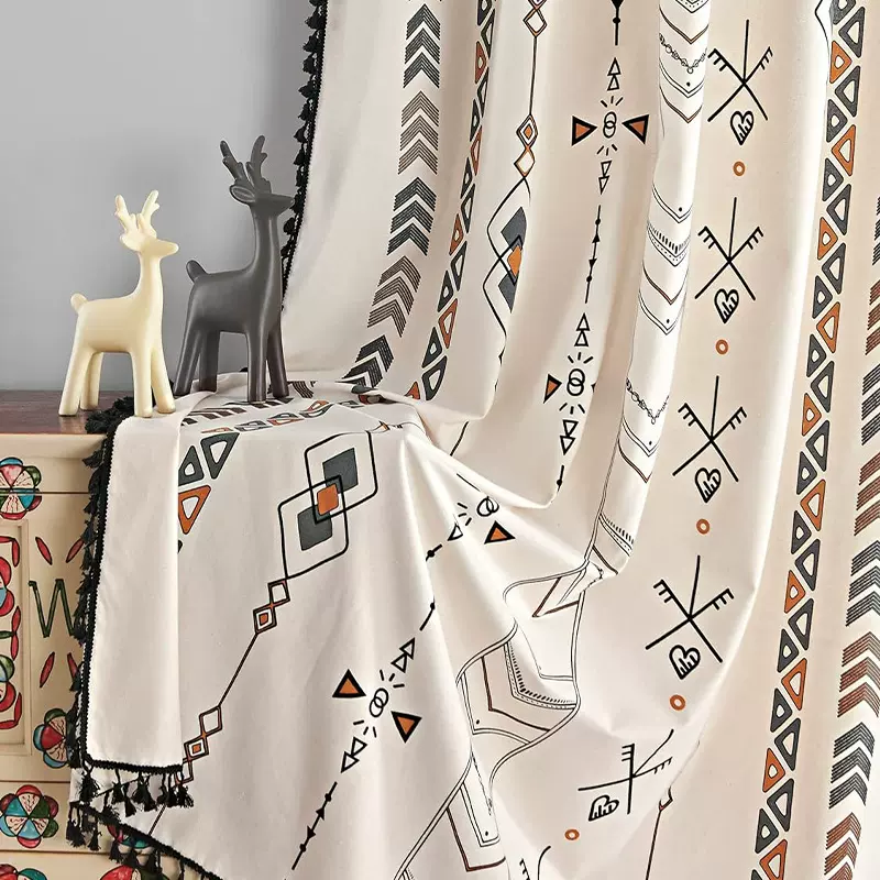 跨境亚马逊波西米亚风印花窗帘成品流苏美式乡村客厅厨房帘定制