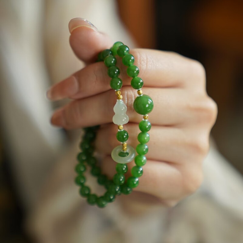 Imitation Natural Stone Green Jade Hetian Jade Double-Circle Bracelet Design with Jade Running Ring for Good Fortune, Gift for Best Friend