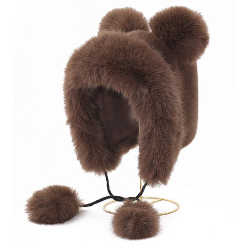 Japanese-style sweet & adorable teddy bear plush hat for women—autumn/winter, artistic faux fox fur with earflaps, keeping you warm in a Lei Feng style.