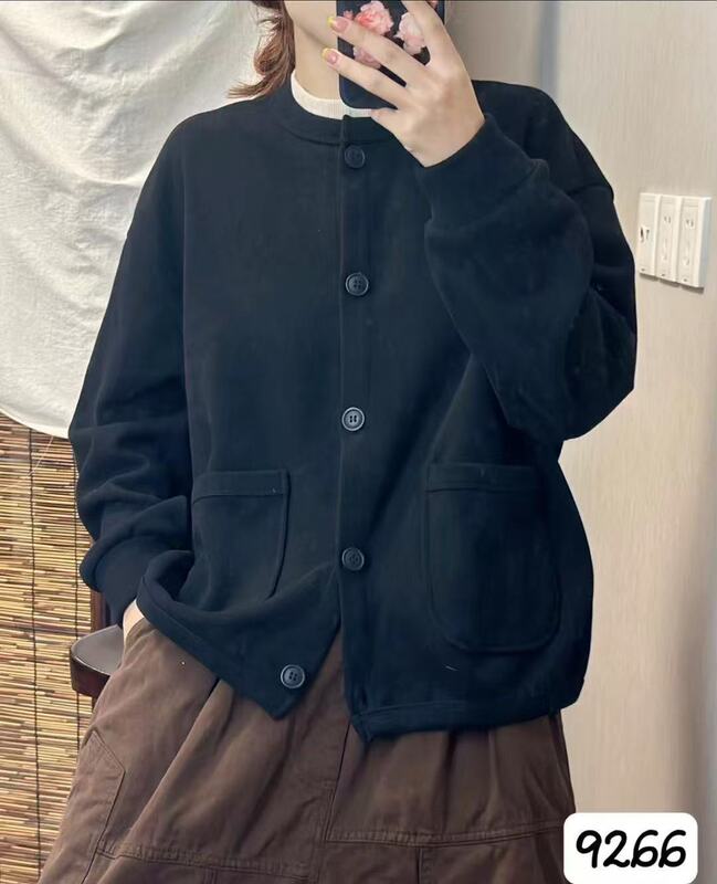 CO秋冬款韩版宽松简约圆领双口袋加绒休闲外套百搭保暖上衣女9266|undefined
