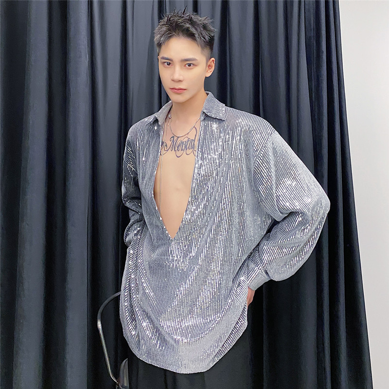 Full Sequin Deep V-neck Shirt Men's Group Flash Glossy Bead Pullover Shirt Top Stage Song Watch Dress