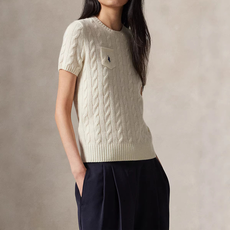 Raff 26 Spring/Summer Wool Slim Fit Cable Knit Short Sleeve Round Neck Embroidered Solid Color Sweater for Women Raff 26 Spring/Summer Wool Slim Fit Cable Knit Short Sleeve Round Neck Embroidered Solid Color Sweater for Women