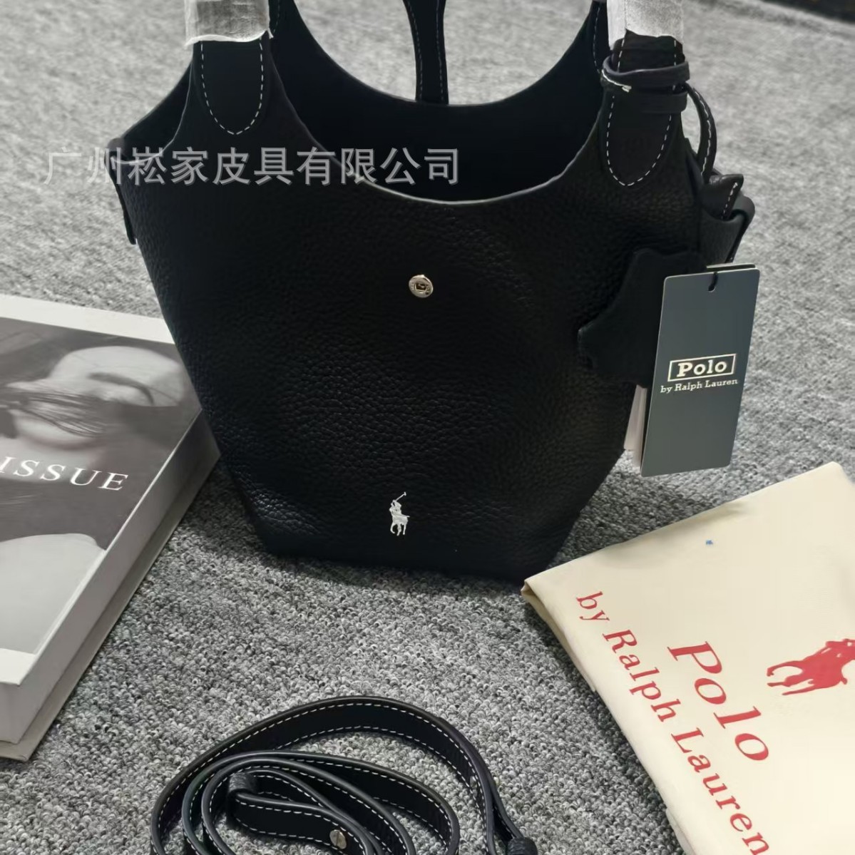 Polo Bucket Bag Lychee Grain Top Layer Cowhide Shoulder Crossbody Tote Bag For Women - Thumbnail 2