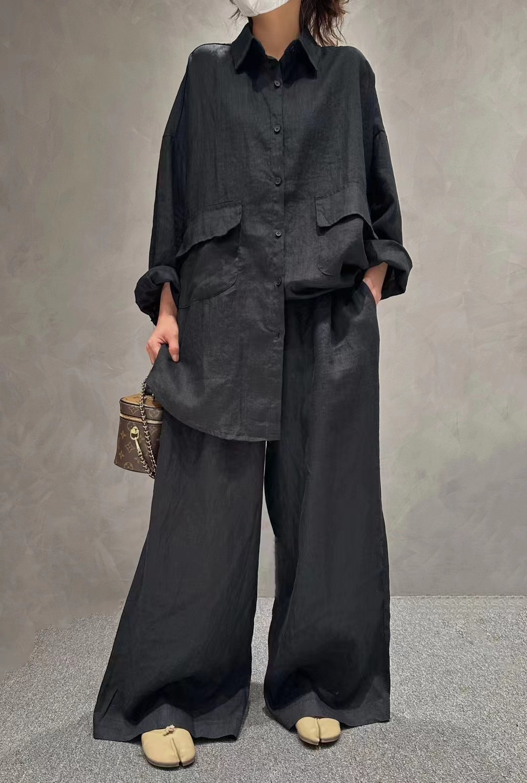 Turndown Neckline Women's Casual Vintage Style Solid Color Linen Pants Sets