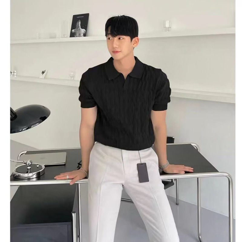 夏のメンズニット半袖ポロシャツ韓国風スリムフィット無地アイスシルク襟付きTシャツ|undefined