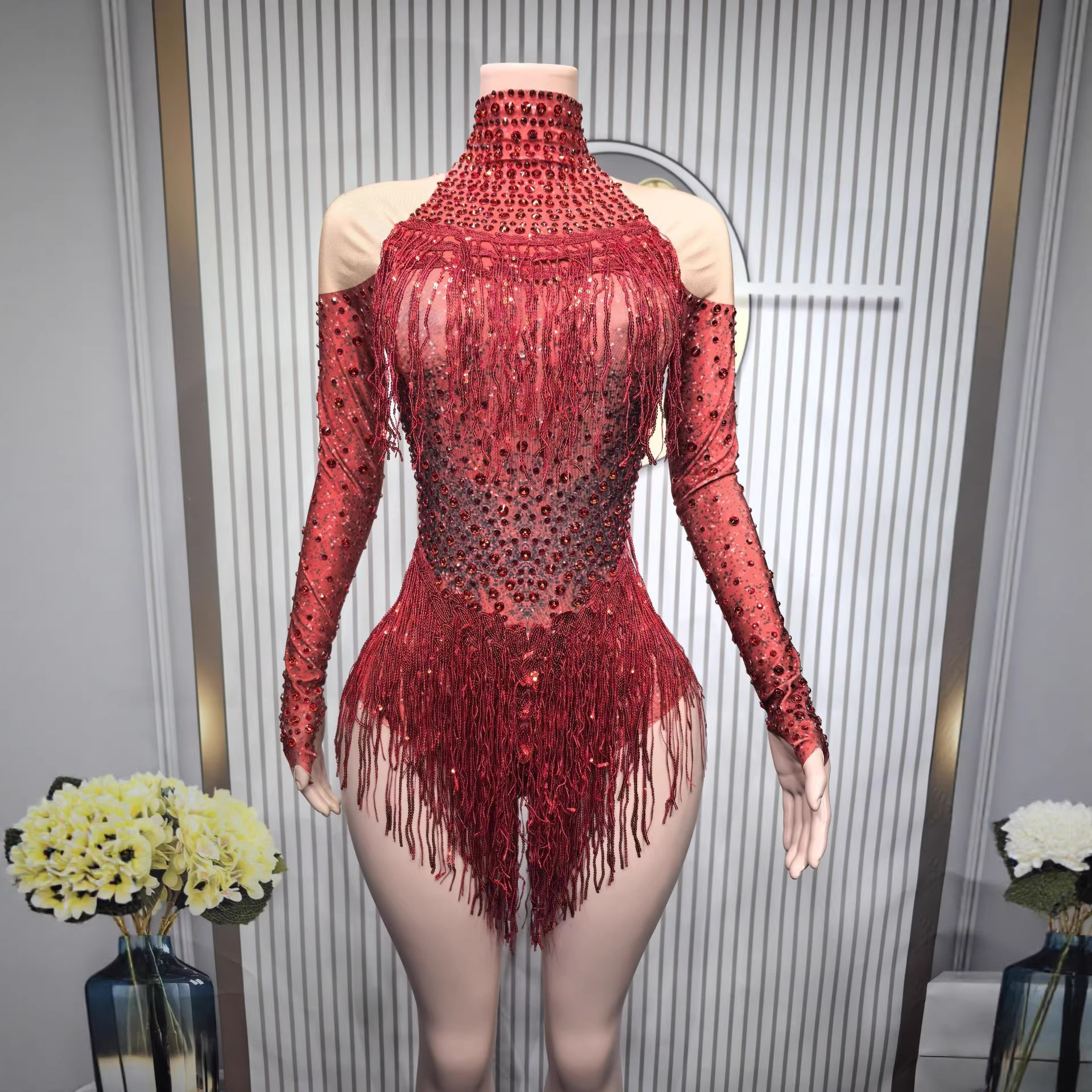 European and American Style Shiny Silver Tassel Long-Sleeve High-Waisted Jumpsuit Latin Dance Performance Outfit Nightclub Gogo Performance Costume