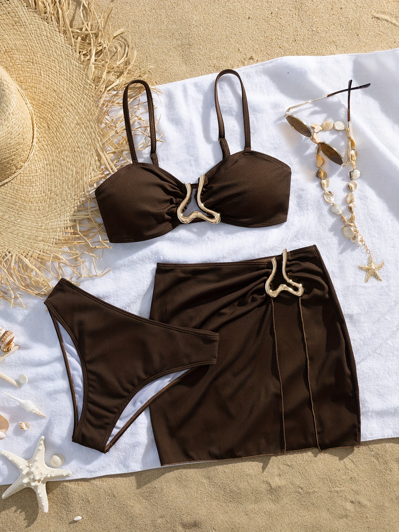 Bikini Set For Women Three Piece Solid Colour With Gold Accents_voghion.com