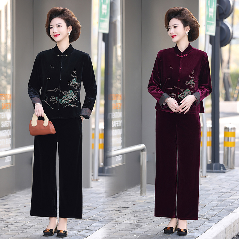 中年妈妈秋装套装洋气中老年金丝绒上衣服春秋季新中式国风外套女|undefined