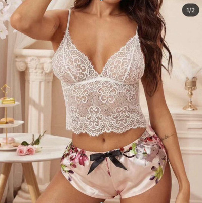 外贸女士性感欧美大码吊带睡裙家居性感睡衣欧美蕾丝透明两件套80