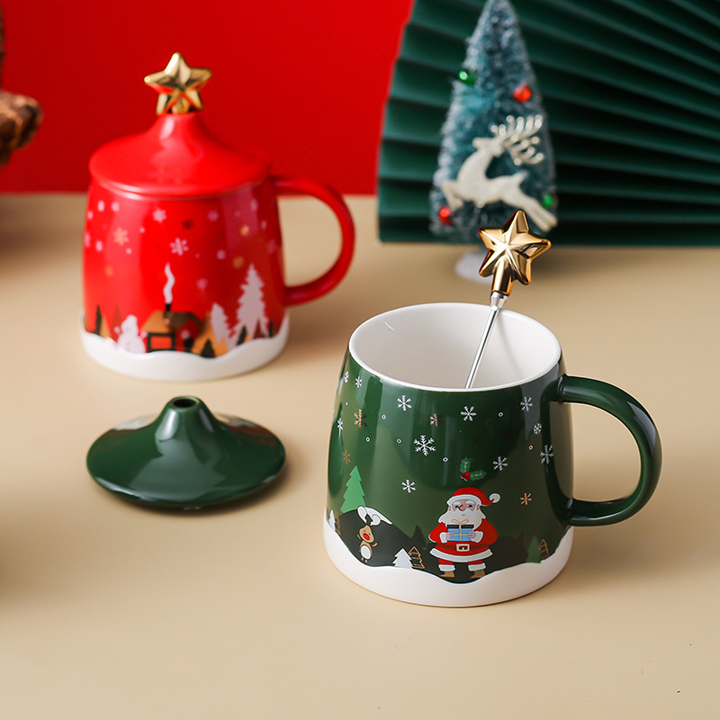 Regalo de Navidad creativa Taza de cerámica taza de dibujos animados nórdico par taza de agua taza de café con tapa cuchara