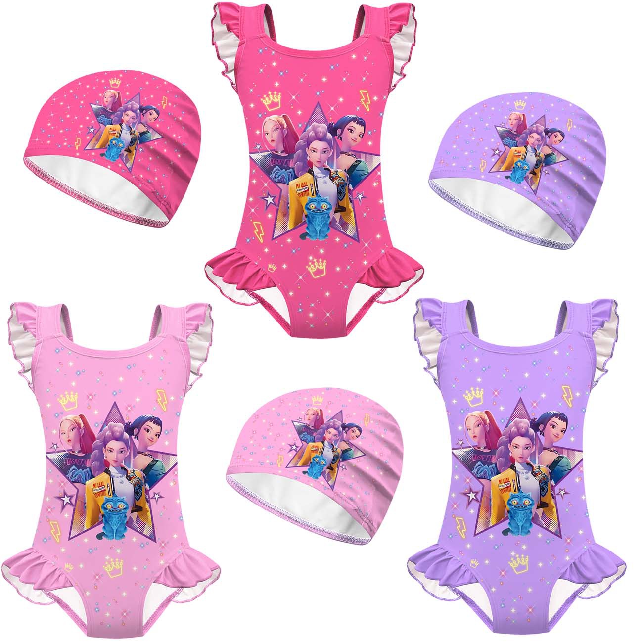 New Kidsren's Swimsuit Cosplay Witch Hunter Group Print Girls One-Piece Lace Swimsuit Set 20723