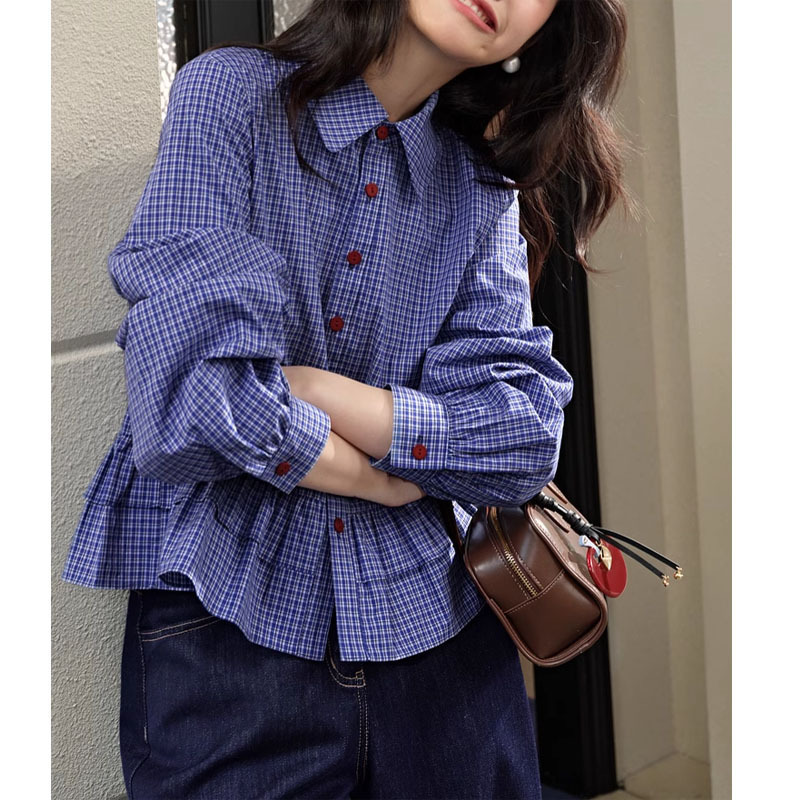 Miu Blue Plaid Shirt Women's 2025 Spring New Ruffled Long-sleeved Shirt Top Short New Women's Clothing Miu Blue Plaid Shirt Women's 2025 Spring New Ruffled Long-sleeved Shirt Top Short New Women's Clothing