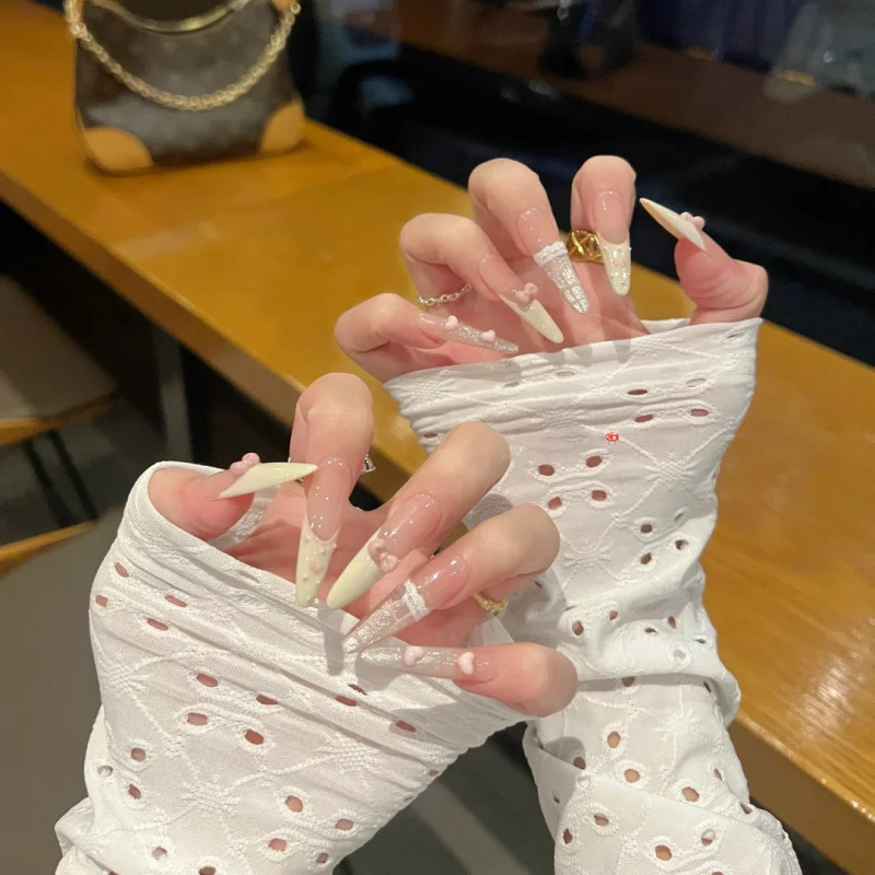 French Sweet Girl Style Heart Long Wearable Nails Cute Pure Desire Whitening Temperament Gentle Nail Art Stickers Heart Bubbles