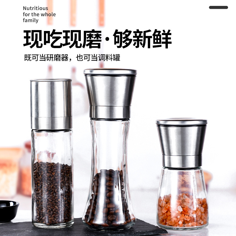Stainless Steel Black Pepper Grinder, Household Kitchen Manual Milling Bottle – Glass Container for Freshly Ground Black Sesame, Cumin, and Sea Salt