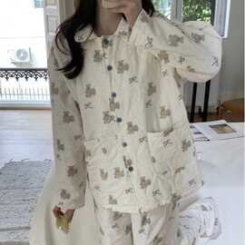 韩国ins女士韩系冬季蝴蝶结小熊三层绗棉宽松大版家居服睡衣套装