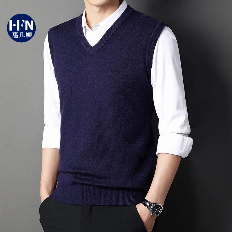 Жилет с V-образным вырезом, новинка для осени и зимы, мужской утепленный вязаный жилет без рукавов, свитер, однотонный деловой внутренний свитер для среднего возраста