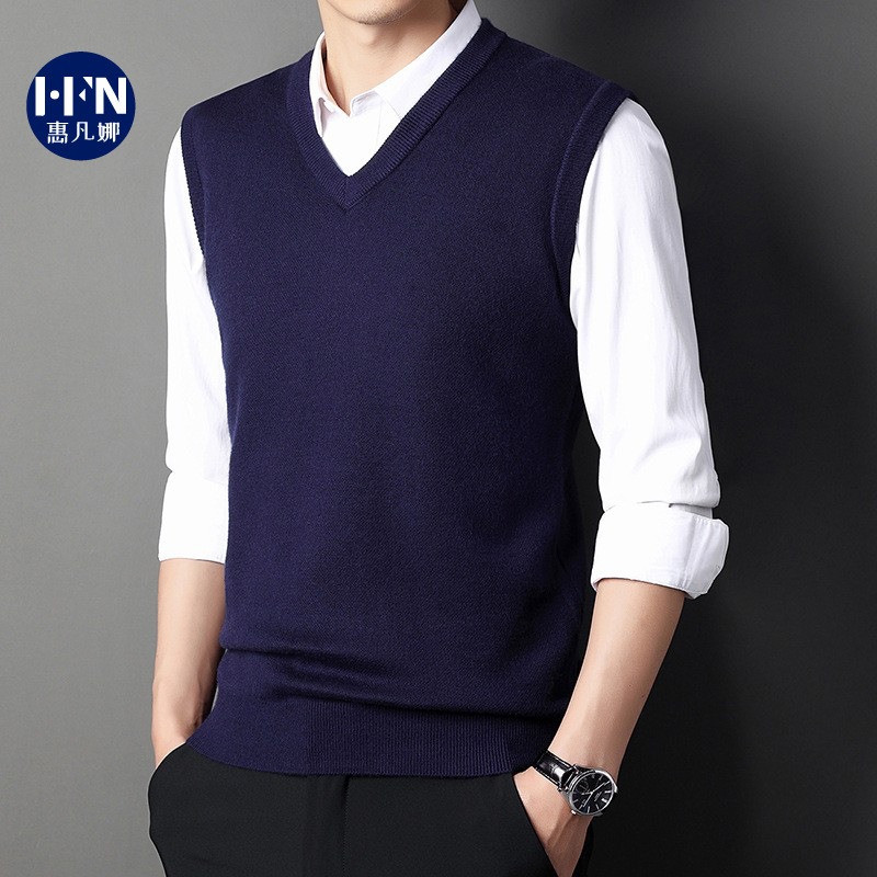 V-neck vest autumn and winter new men's thickened sleeveless knitted vest sweater solid color middle-aged business inner sweater V-neck vest autumn and winter new men's thickened sleeveless knitted vest sweater solid color middle-aged business inner sweater