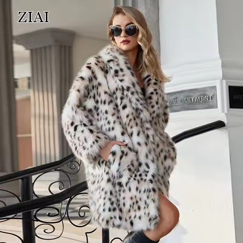 European and American Cross-Border Winter Women's Fur Coat, Faux Fox Fur Mid-Length Coat, Suit Collar, Lynx Leopard Print Mink Fur Trench Coat
