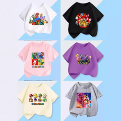 100% Cotton Short-Sleeve T-Shirt Super Mario Mario Cartoon Print Children's Half-Sleeve Shirt for Boys and Girls