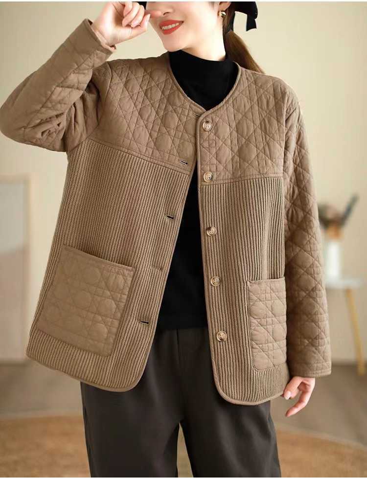 日系森女纯色菱形拼接纽扣 薄款棉衣棉服批发潮