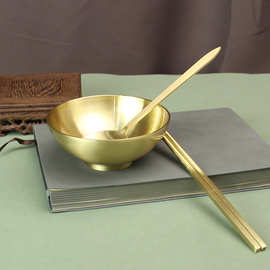 纯铜加厚碗筷勺叉套装家用防烫黄铜饭碗工艺品结婚礼物金黄铜饭碗