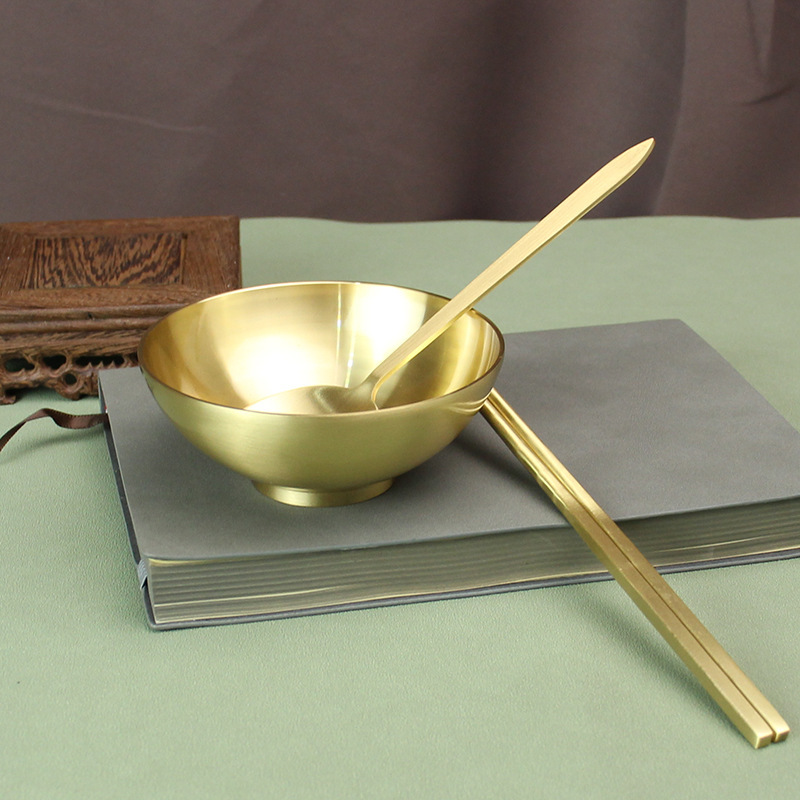 Pure copper thickened bowl chopsticks spoon Fork suit household anti-scald brass rice bowl crafts wedding gift gold brass Rice Bowl
