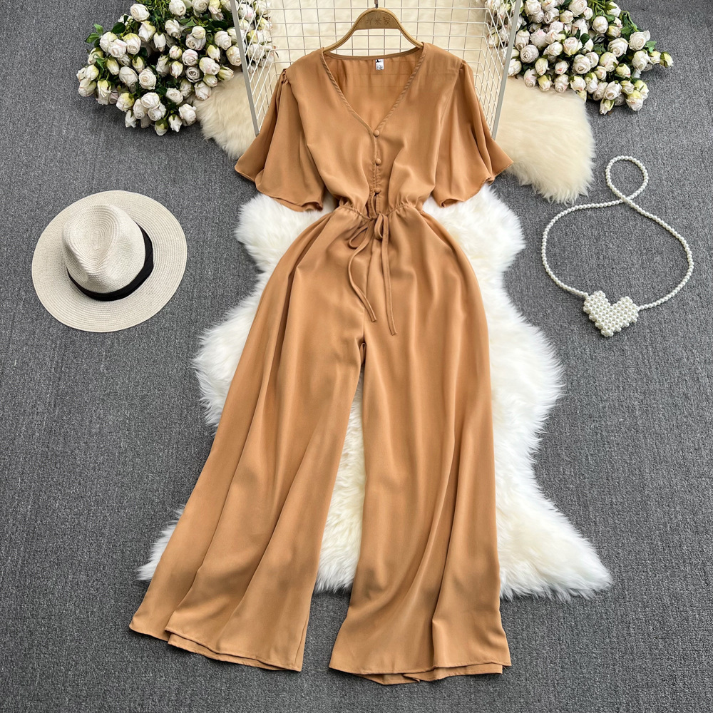 Fashion Flared Sleeves Collar Casual High Waist Slimming Jumpsuit