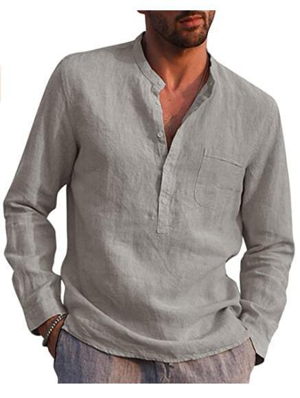 Herren Casual Hemd Mit V-ausschnitt Aus Baumwolle Und Leinen_voghion.com