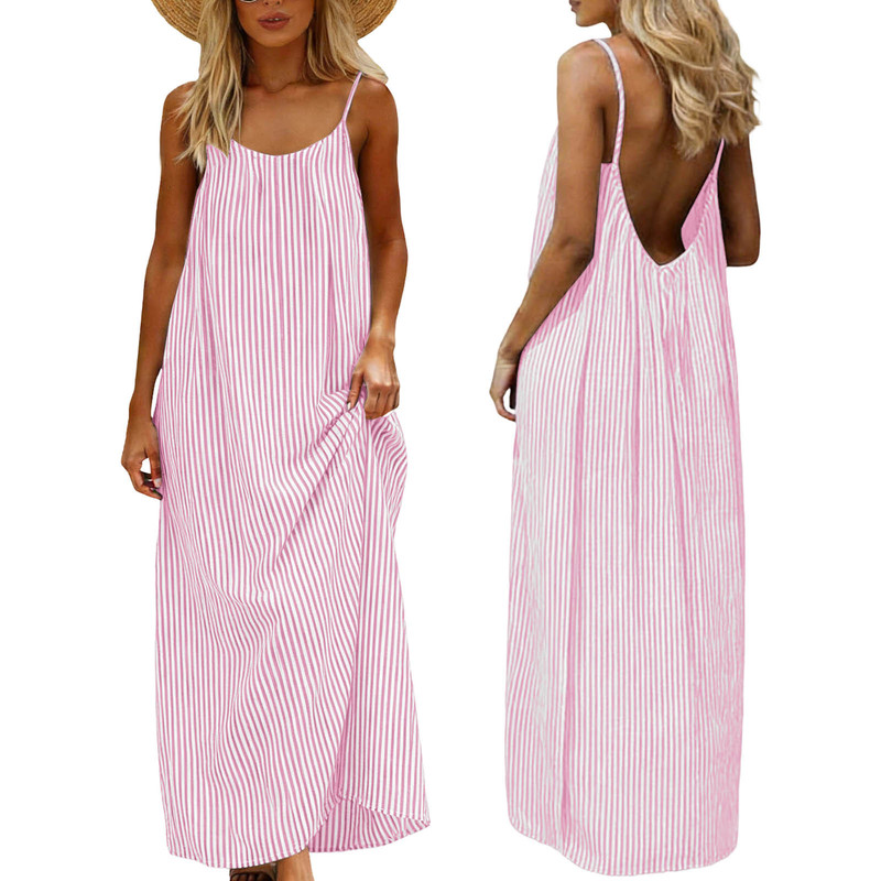 Women's Summer Faux Cotton-Linen Striped Dress, Sleeveless Backless Tank Dress, Spaghetti Strap Sundress, Backless Long Dress Women's Summer Faux Cotton-Linen Striped Dress, Sleeveless Backless Tank Dress, Spaghetti Strap Sundress, Backless Long Dress