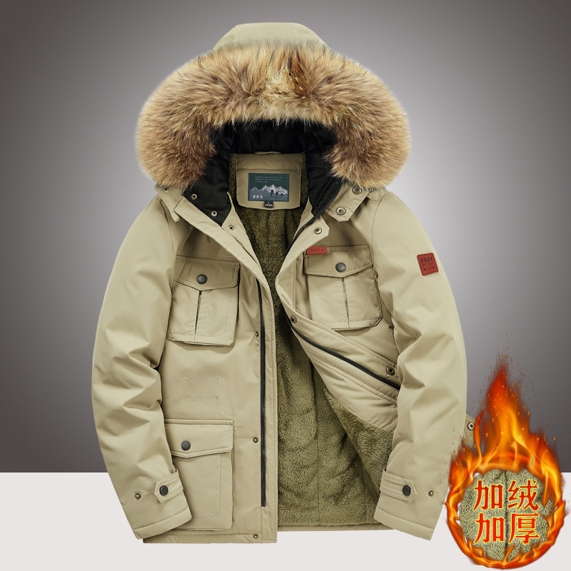 Cross-Border Autumn and Winter Men's New Velvet Thickened Mid-Length Hooded Cotton Outwear Casual Youth Thickened Jacket