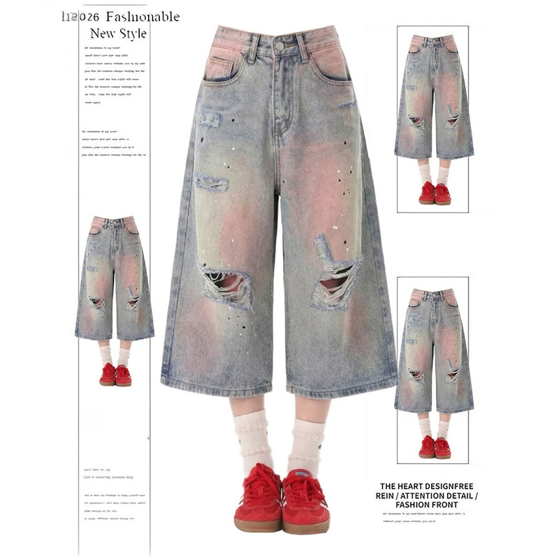 American-Style Ripped Denim Shorts for Women, 2026 Summer New Style, Plus-Size High-Waisted Loose Fit, Slimming Wide-Leg Cropped Pants American-Style Ripped Denim Shorts for Women, 2026 Summer New Style, Plus-Size High-Waisted Loose Fit, Slimming Wide-Leg Cropped Pants