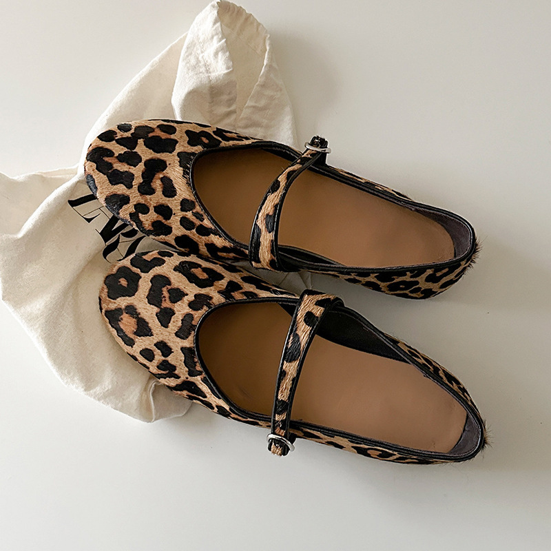 Sheepskin Version~High-End Suede Leopard Print One-Strap Ultra-Soft Mary Jane Flats for Women, Evening Style Women's Shoes