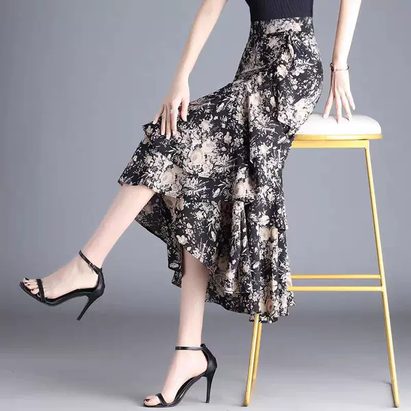 Irregular Fishtail Chiffon Skirt Summer Mid-Length 2025 New Drapey Ruffled Slimming Look Hip-Hugging Skirt