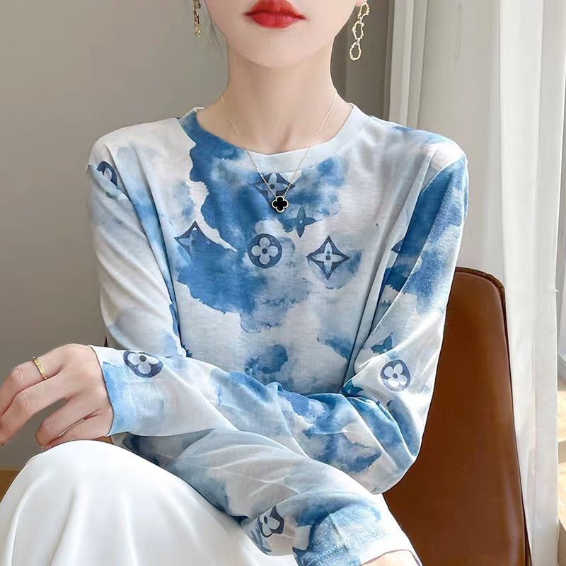 水溶印花圆领长袖打底衫女艺术水墨画天丝莱赛尔防晒衫复古印花|undefined
