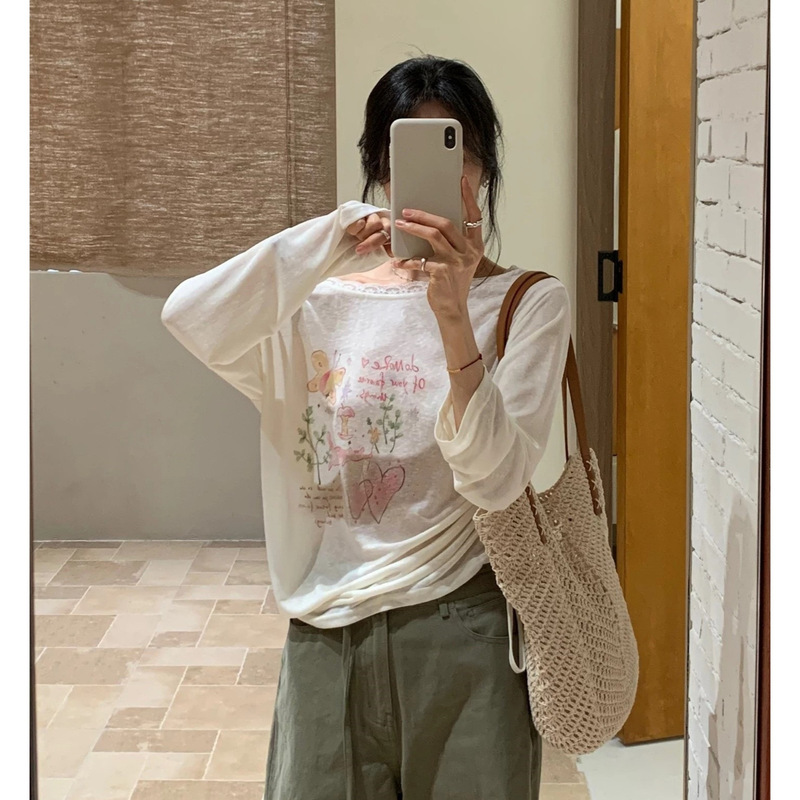 White Printed Stretch T-Shirt for Women, New Summer Style, Sun-Protective, Off-Shoulder, Lace Trim, Loose Fit, Slimming Top White Printed Stretch T-Shirt for Women, New Summer Style, Sun-Protective, Off-Shoulder, Lace Trim, Loose Fit, Slimming Top