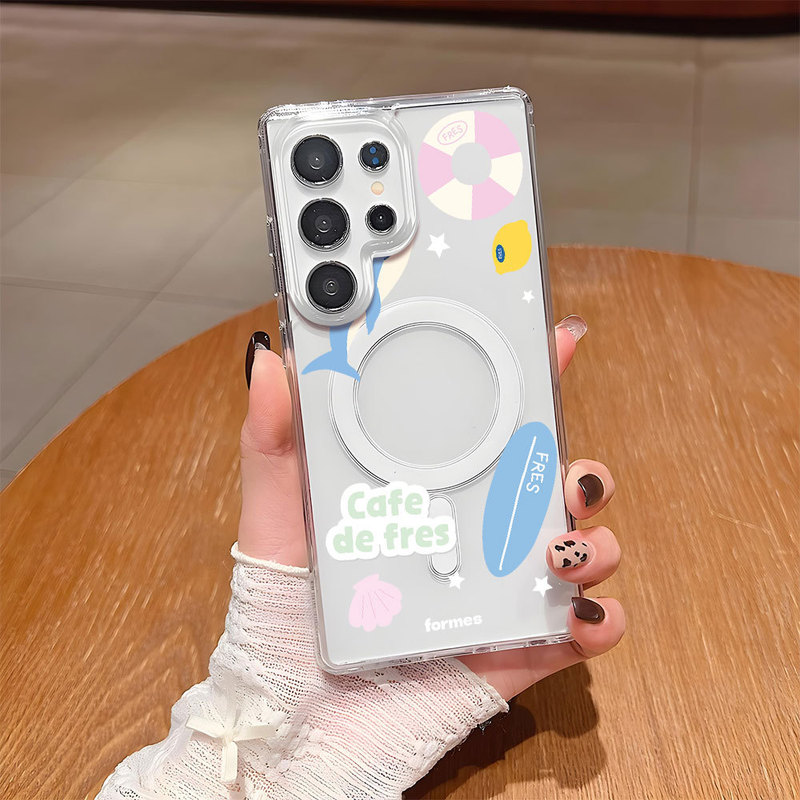 Summer Simple Cartoon Swimming Ring Suitable for Samsung S22 Transparent Phone Case S25Plus Magnetic Anti-Fall Protective Cover