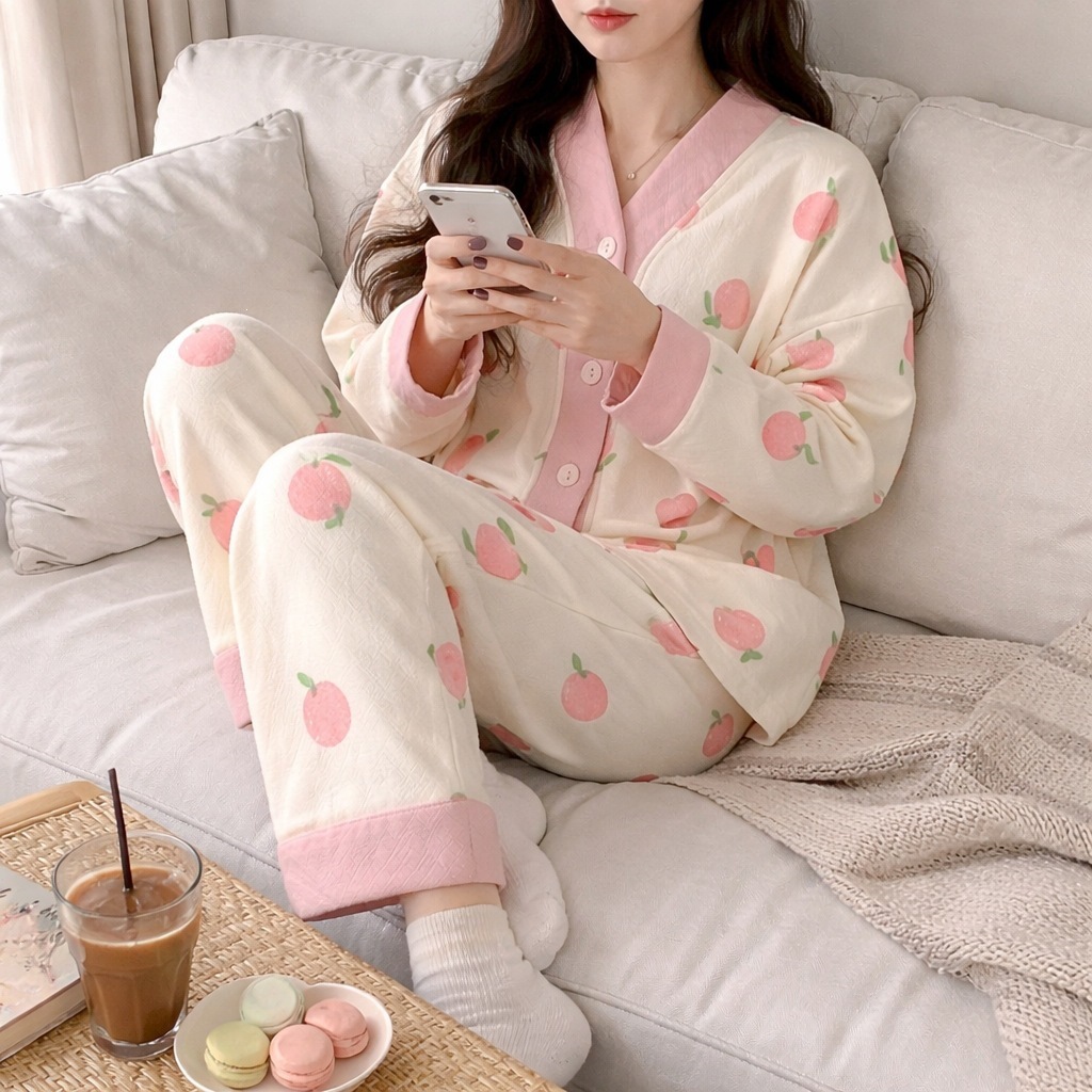 Cereza adorable aire algodón intercalado otoño invierno engrosado pijama mujer 2026 nuevo conjunto de ropa de hogar cálida de manga larga