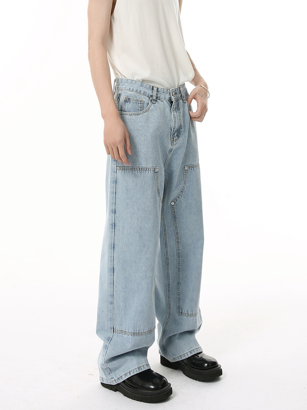 MTLCLOTHES Ropa de hombre | Versión coreana de cuatro estaciones de deconstrucción de línea abierta azul claro Pantalones vaqueros sueltos lavados rectos de moda