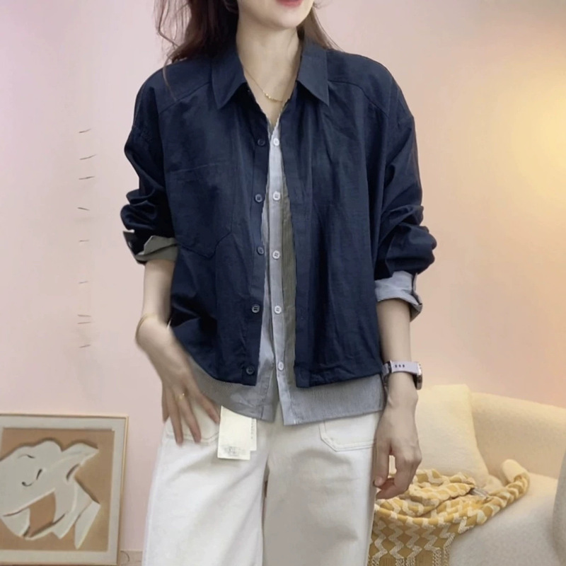 【On sale at the counter】2026 Summer Fashionable Casual Loose Color-Block Faux Two-Piece Shirt 133 【On sale at the counter】2026 Summer Fashionable Casual Loose Color-Block Faux Two-Piece Shirt 133