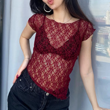 51855娜扎达跨境女装专供蕾丝新品镂空透视欧美性感T恤短袖女上衣