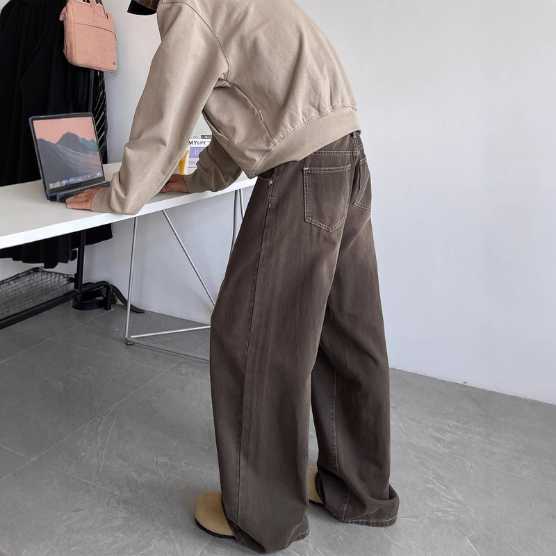 American Retro Brown Jeans for Men, Trendy Brand, Distressed Clean Fit, Loose Straight-Leg, Floor-Length Wide-Leg Casual Pants American Retro Brown Jeans for Men, Trendy Brand, Distressed Clean Fit, Loose Straight-Leg, Floor-Length Wide-Leg Casual Pants