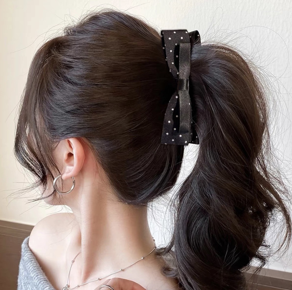 93# black satin polka dot bow banana twist clip - 10cm