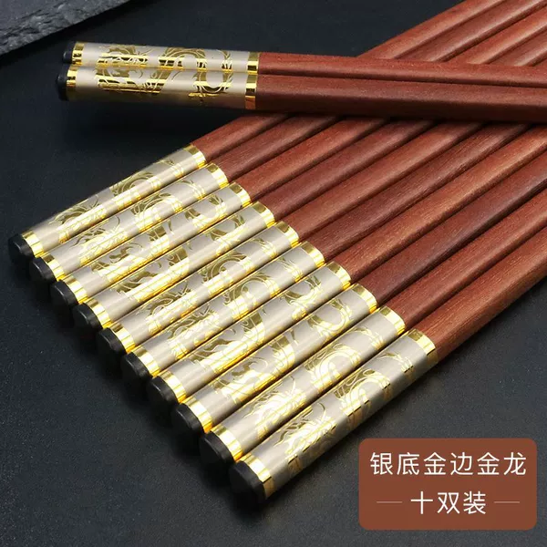 (Gold dragon on silver base and gold edge) 10 pairs of natural red sandalwood
