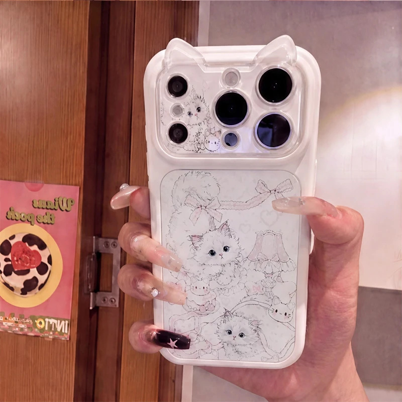 Girl's heart hand-painted cat design, suitable for Apple 18 Pro, cat ear phone case for iPhone 17/16/15/14, Corning 13 Girl's heart hand-painted cat design, suitable for Apple 18 Pro, cat ear phone case for iPhone 17/16/15/14, Corning 13