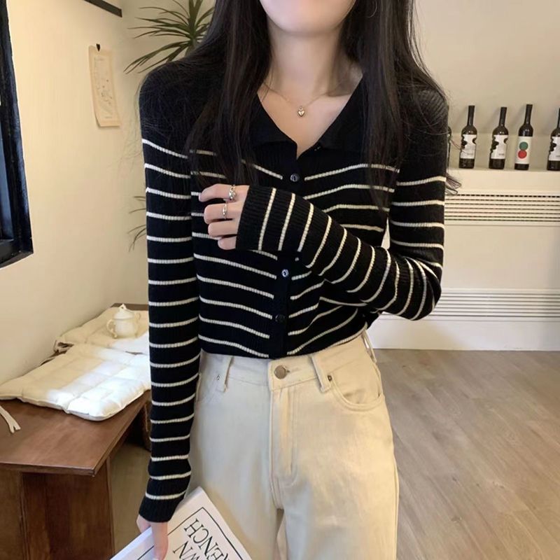 外搭新款薄款港风2025黑白秋季年条纹春秋针织衫女开衫领上衣|undefined