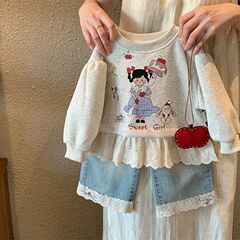 女の子スーツ春 2025 新しい子供スタイルスウェットシャツベビー春ファッショナブルなジーンズ 2 点セット