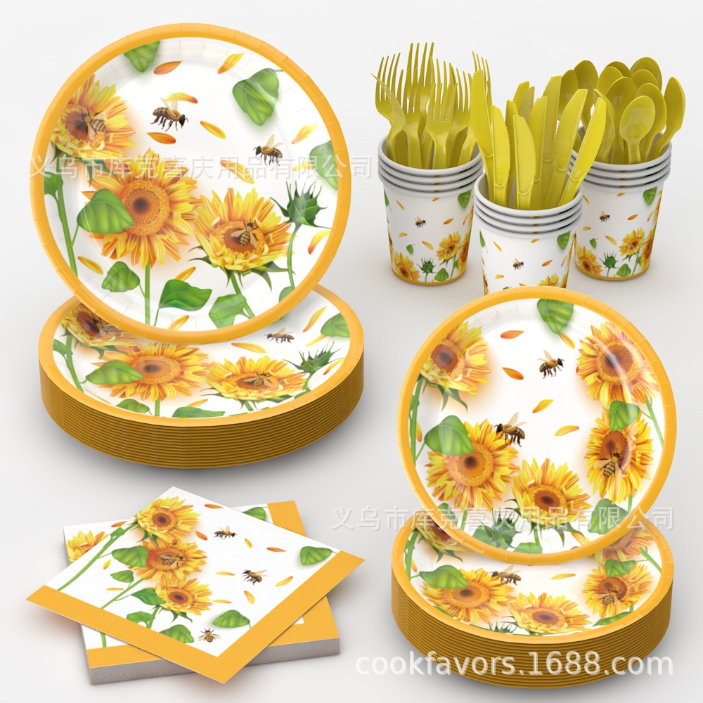 Nuevo juego de platos de fiesta con tema de girasol de acuarela, cumpleaños para niños, bandeja de papel desechable, taza de papel, vajilla de toallas de papel