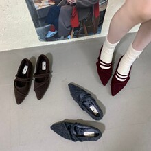 水钻方扣尖头玛丽珍毛毛鞋女外穿2025年新款复古毛呢新年红棉瓢鞋