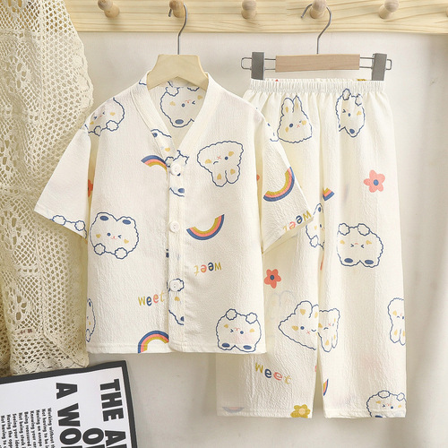 2024 Spring Cartoon Cardigan Short-Sleeve Children's Home Wear Set for Older Boys and Girls