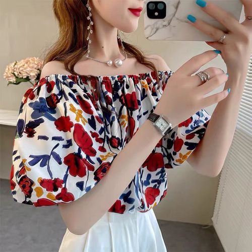 One-line collar floral chiffon shirt women's short-sleeved summer age-reducing and slimming top off-shoulder puff-sleeved shirt with wide sleeves